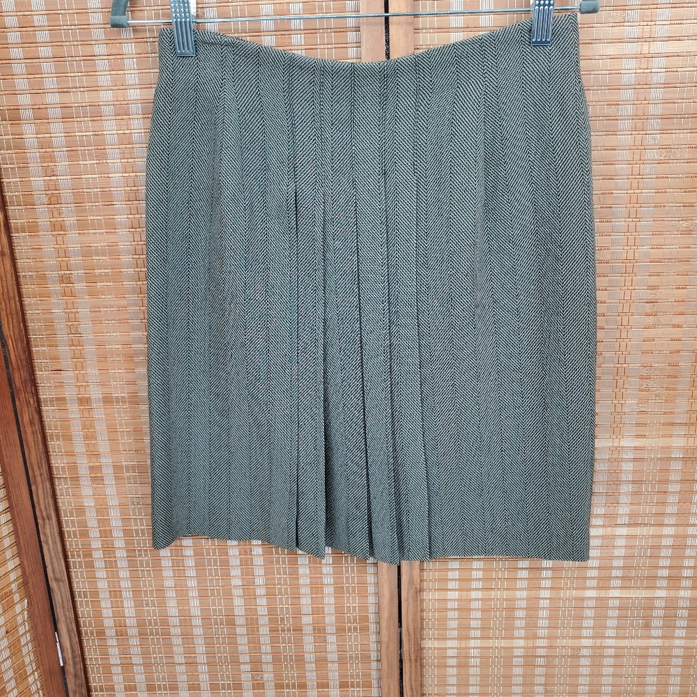 ♧ Vintage Anne Klein II Herringbone Pleated A Line Wool Skirt Size 6